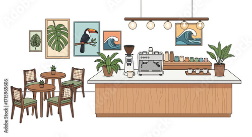 Whimsical Coffee Shop Interior with Artwork and Inviting Seating Area