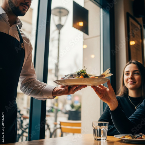Un serveur souriant apporte un plat raffiné à une cliente dans un restaurant moderne et lumineux