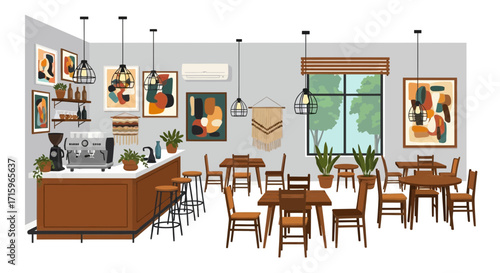 Warm bohemian cafe interior design concept featuring wood elements and art