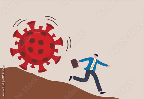 Run away from virus disease outbreak concept, risk or danger in Virus crisis concept, businessman run away from rolling COVID-19 virus pathogen stone down the hill.