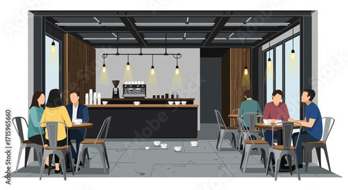 A bustling urban coffee shop ambiance with patrons enjoying beverages