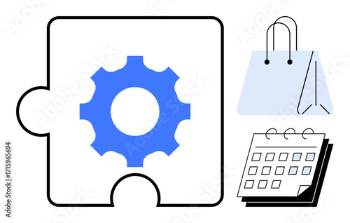 Gear in puzzle piece signifies optimization, accompanied by shopping bag and calendar. Ideal for business strategy, marketing, planning, process management, teamwork, organization, simple flat