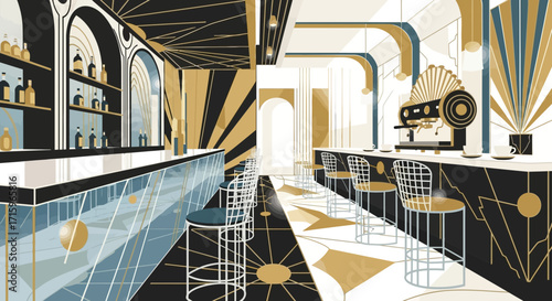 Abstract art deco illustration of an elegant coffee shop and bar interior