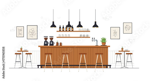 Aesthetically designed modern coffee shop interior scene showcasing contemporary decor