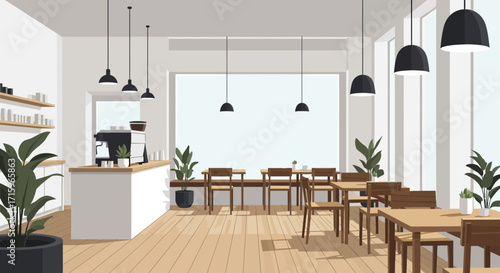 Aesthetic coffee shop or café with plants and a large window, perfect scene
