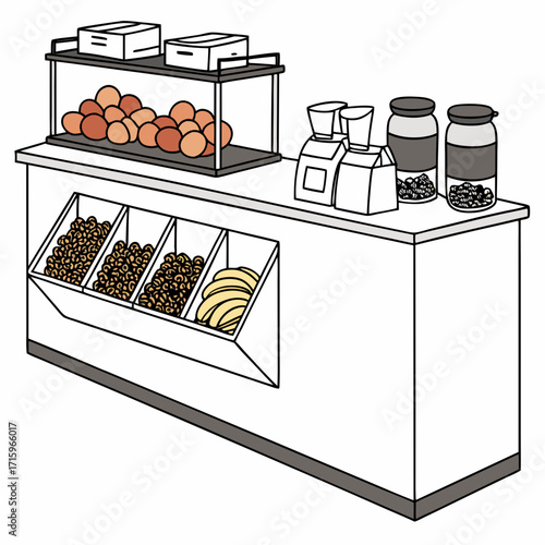 A stylized illustration of a food service counter displaying fresh produce and packaged goods for sale