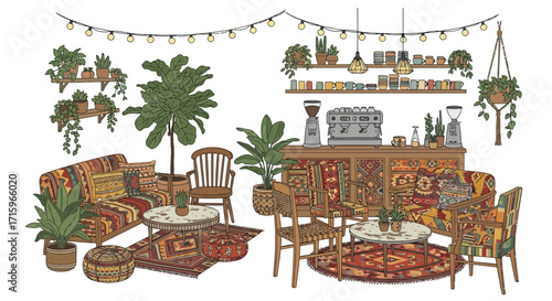 Artistic Bohemian Style Coffee Shop Interior with Plants and Ornate Decor