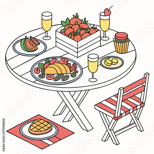A delightful outdoor picnic spread with a grilled steak fresh fruit and champagne served on a charming wooden table