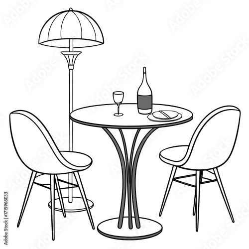 A minimalist line drawing of a small outdoor dining set with two chairs a round table a wine bottle and a glass
