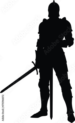 Silhouette of armored warrior with sword standing on white background