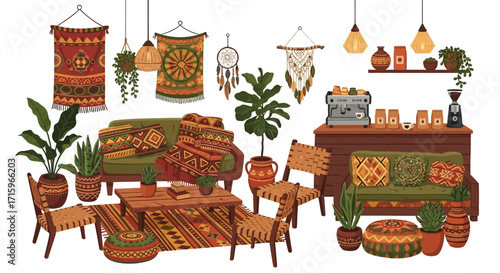 Bohemian Coffee Shop Interior with Plants, Textiles, and Cozy Furnishings