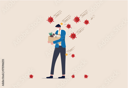 Unemployment, jobless from COVID-19 Coronavirus outbreak, company closed and business shut down and worker being fired, sad businessman carrying thing after being fired, virus pathogens fall on him.
