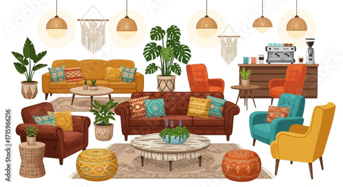 Bohemian living room interior design with diverse furniture and plants