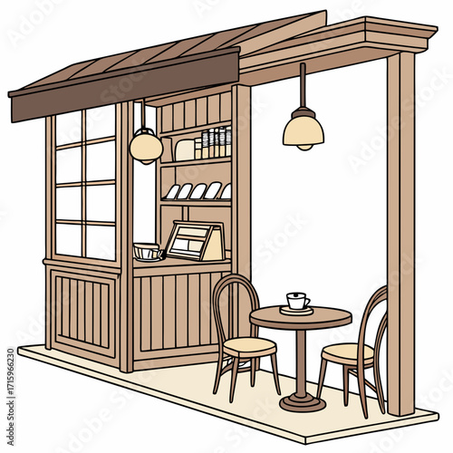 Charming outdoor cafe kiosk with display shelves seating area and a cup of coffee on a table