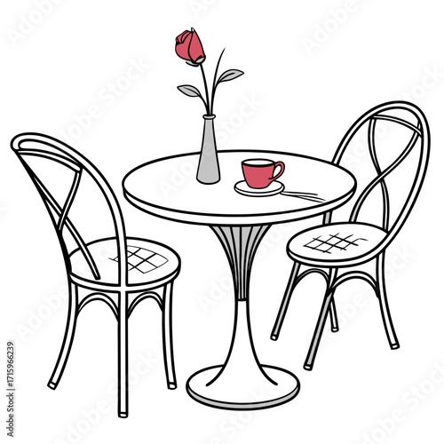 Charming outdoor cafe table set with two chairs a single red rose in a vase and a cup of coffee