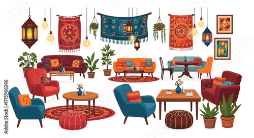 Bohemian interiors collection with furniture, plants, rugs and lamps illustration