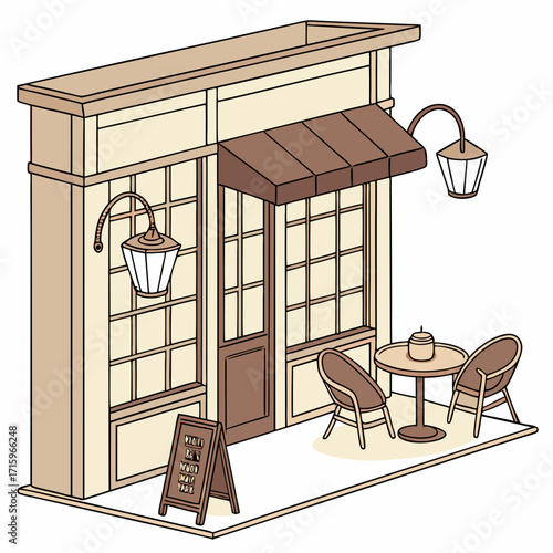Charming parisian style cafe exterior with outdoor seating and menu board illustration