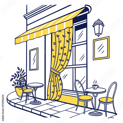 Charming parisian cafe exterior with yellow awning striped curtains and outdoor seating area