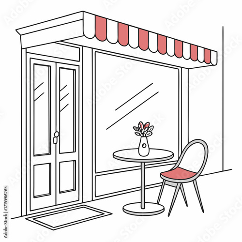 Charming storefront with a small outdoor table and chair set with a vase of flowers