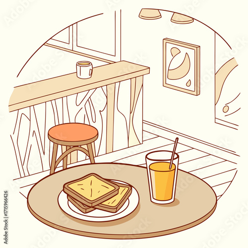 Cozy cafe scene with toast and orange juice on a table and a stool at the counter