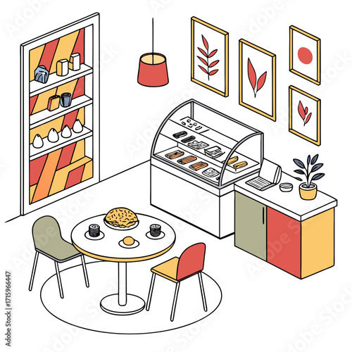 Cozy isometric cafe interior with display case seating and shelves filled with goods