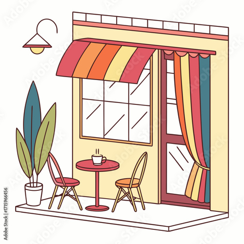 Cozy outdoor cafe seating area with a table chairs plant and a steaming cup of coffee