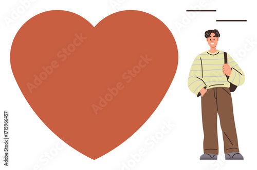 Young man in casual outfit holding a bag, standing next to a large red heart. Ideal for themes of love, positivity, health, individuality, compassion, self-expression relationships. Simple flat