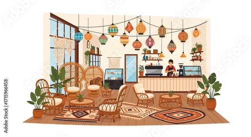 Bohemian-inspired cafe interior with relaxed seating and warm lighting