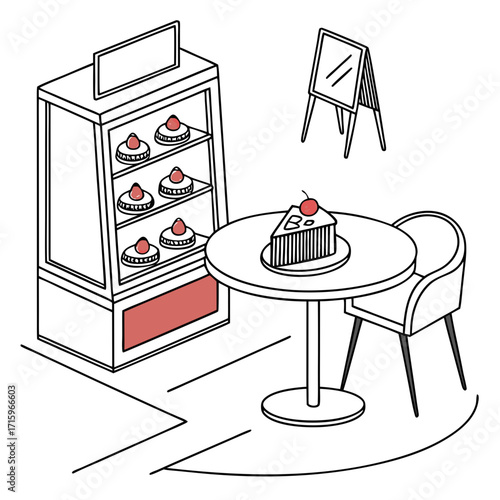 Isometric illustration of a bakery display case with cakes and a table with a slice of cake and chair