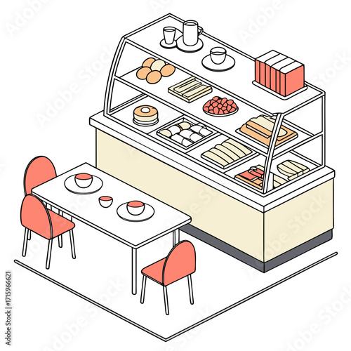 Isometric illustration of a cafe display counter filled with pastries and a small dining table with chairs and cups