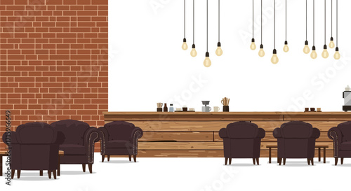 Charming cafe interior illustration with rustic wooden counter and plush armchairs