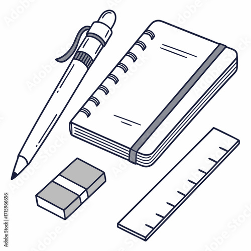 Isometric illustration of a pen notebook eraser and ruler on a white background