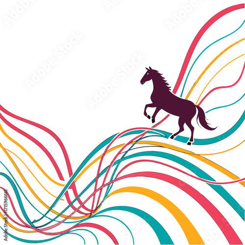 Majestic silhouette horse rearing up amidst flowing colorful abstract waves on white background