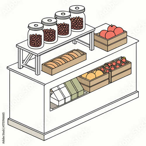 Isometric illustration of a market stall displaying fresh produce and packaged goods in wooden crates and glass jars