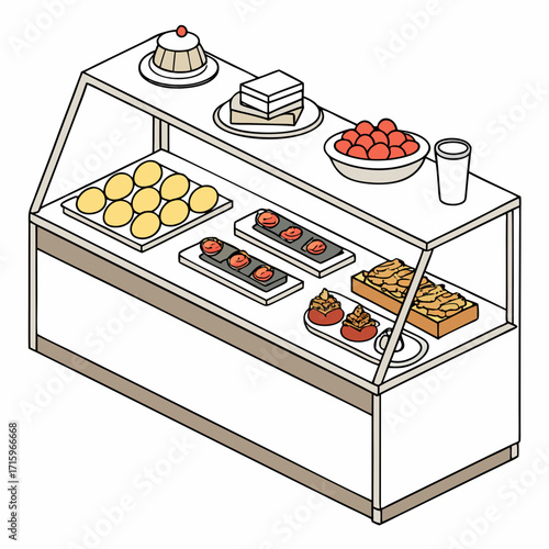 Isometric illustration of a dessert display case filled with various sweet treats and pastries