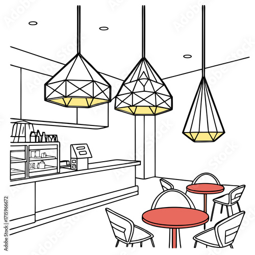 Modern cafe interior with geometric pendant lights serving counter and small tables with chairs