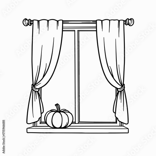 Window with curtains and pumpkin on sill in minimalist style  