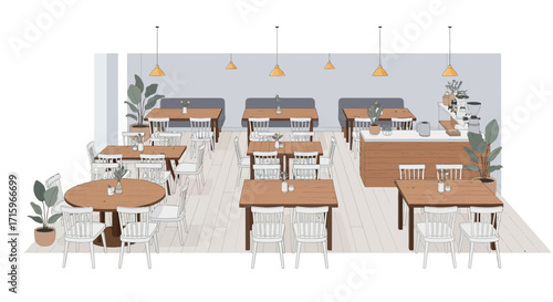 Charming Cafe Interior with Wooden Accents and Modern Minimalist Design