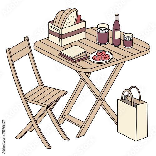 Outdoor picnic table with chair bread jars of jam bottle of wine and a shopping bag