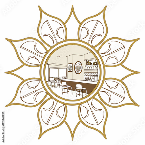 Stylized mandala design featuring a modern bar and seating area interior scene