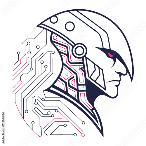 Stylized robotic head profile with intricate circuit board patterns and a glowing pink eye