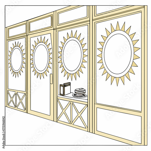 Stylized sun motifs decorate the windows of a storefront with a small display of books and pastries