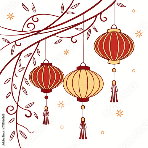 Traditional red and yellow chinese lanterns hang from a decorative branch with floral accents