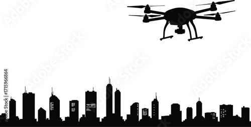 Drone Flying Over Cityscape Silhouette