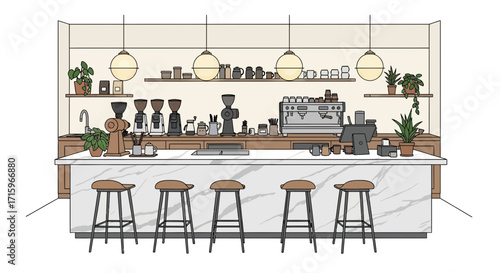 Charming Coffee Shop Illustration with Marble Counter and Cozy Seating