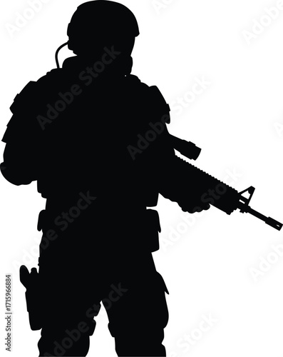 Silhouette soldier holding rifle ready for battle