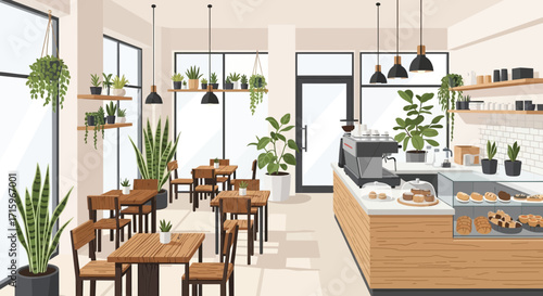 Charming Coffee Shop Interior with Natural Light and Abundant Greenery