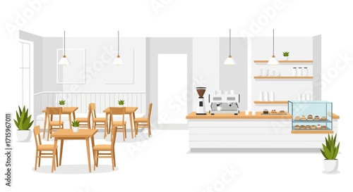 Charming Coffee Shop Interior with Tables, Chairs and Display Case