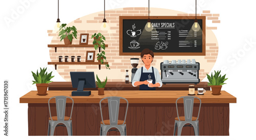 Charming coffee shop scene with barista and inviting atmosphere illustration