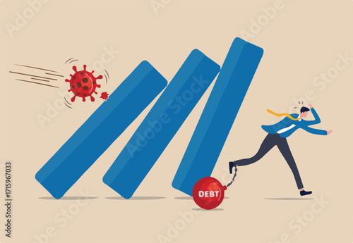 Coronavirus crash, COVID-19 economy collapse company bankrupt with debt from virus flu outbreak, businessman with debt panic running away from collapsing fall down bar graph from COVID-19 pathogen.